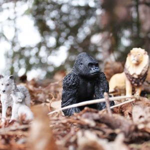 a question of when band photo. Wolves, Western Lowland Gorilla (Gorilla gorilla gorilla), and lion figurines in fall forest. By Clarence King